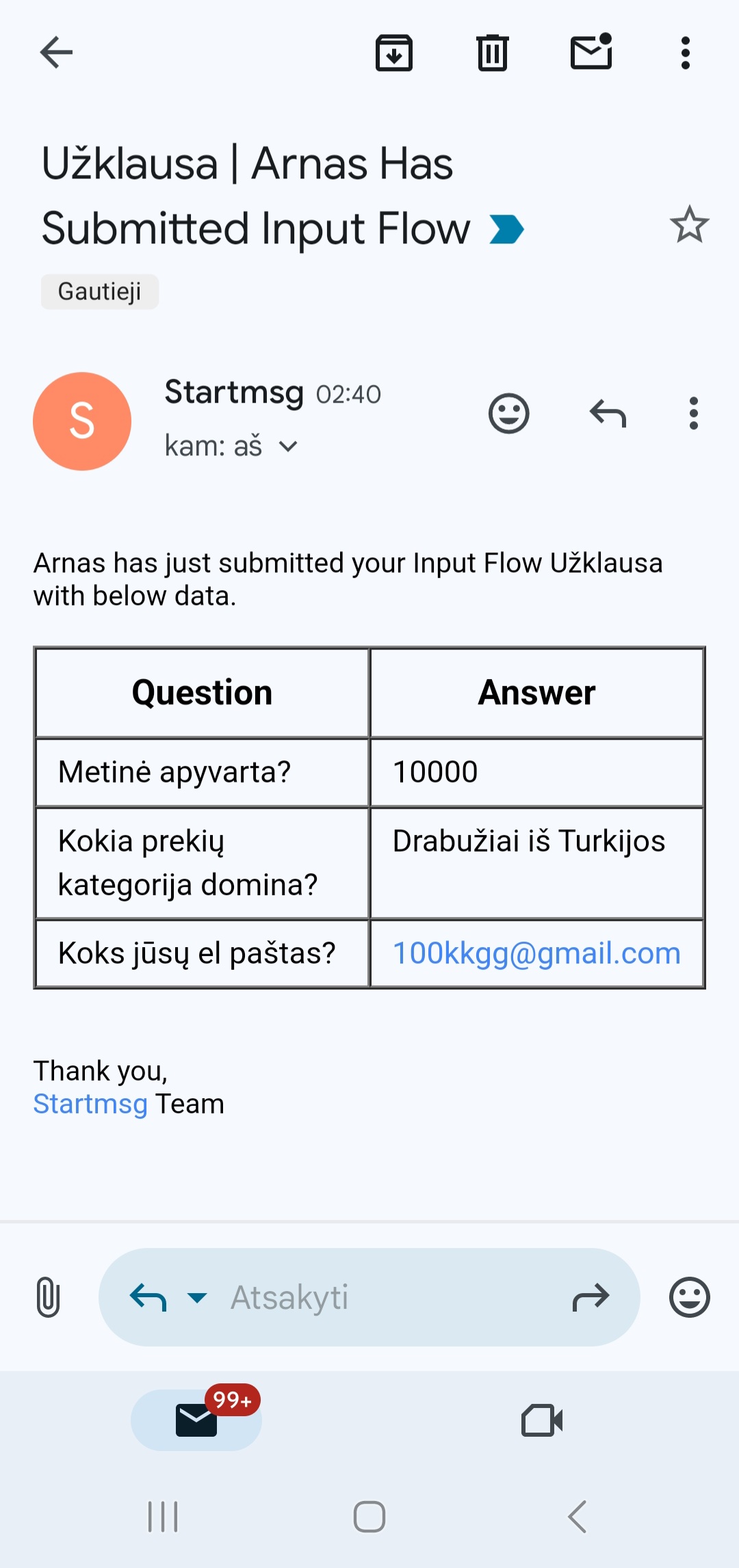  Messenger užklausu gauta informacija